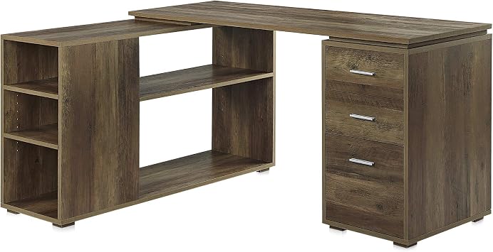BELLEZE L Shaped Computer Desk, 60 Study Writing Table Home Office Desk Morden Corner Workstation Setup with Adjustable Storage Shelves and 3 Drawers, Rustic Oak
