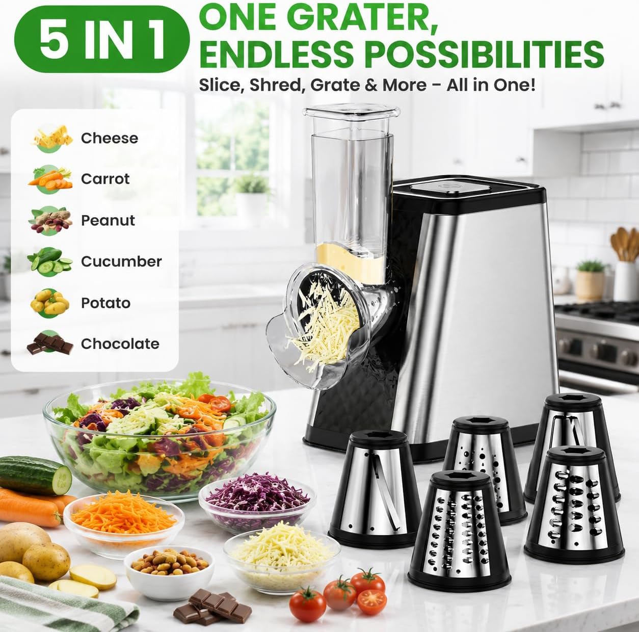Electric Cheese Grater for Block Cheese, Salad, Pizza & Pasta