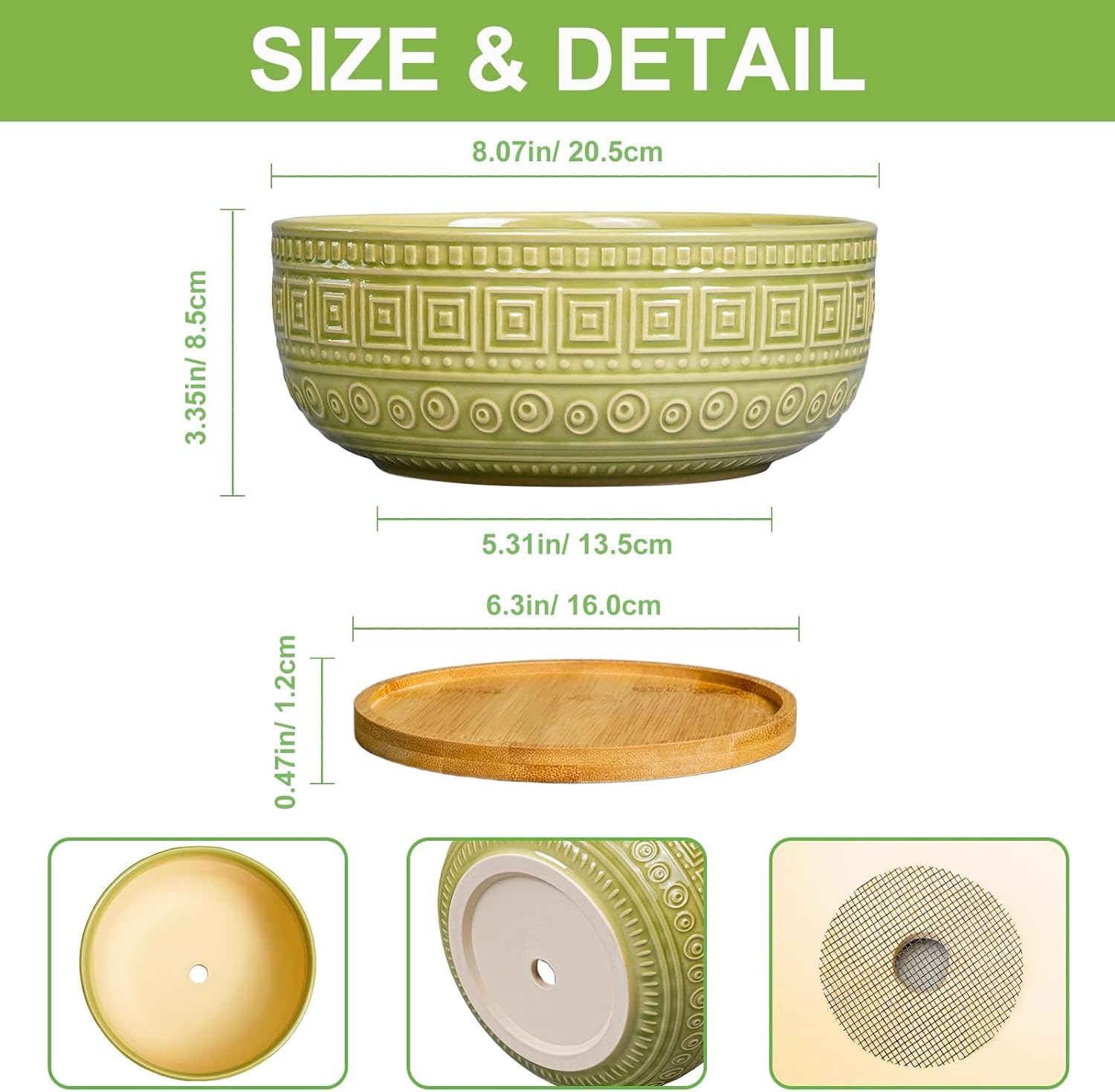 G EPGardening Bonsai Tree Pot - 8 Inch Ceramic Planter for Indoor Plants Flower, Shallow Round Succulent Bowl with Drainage and Saucer, Boho Office Decor, Gifts for Plant Lovers, Green