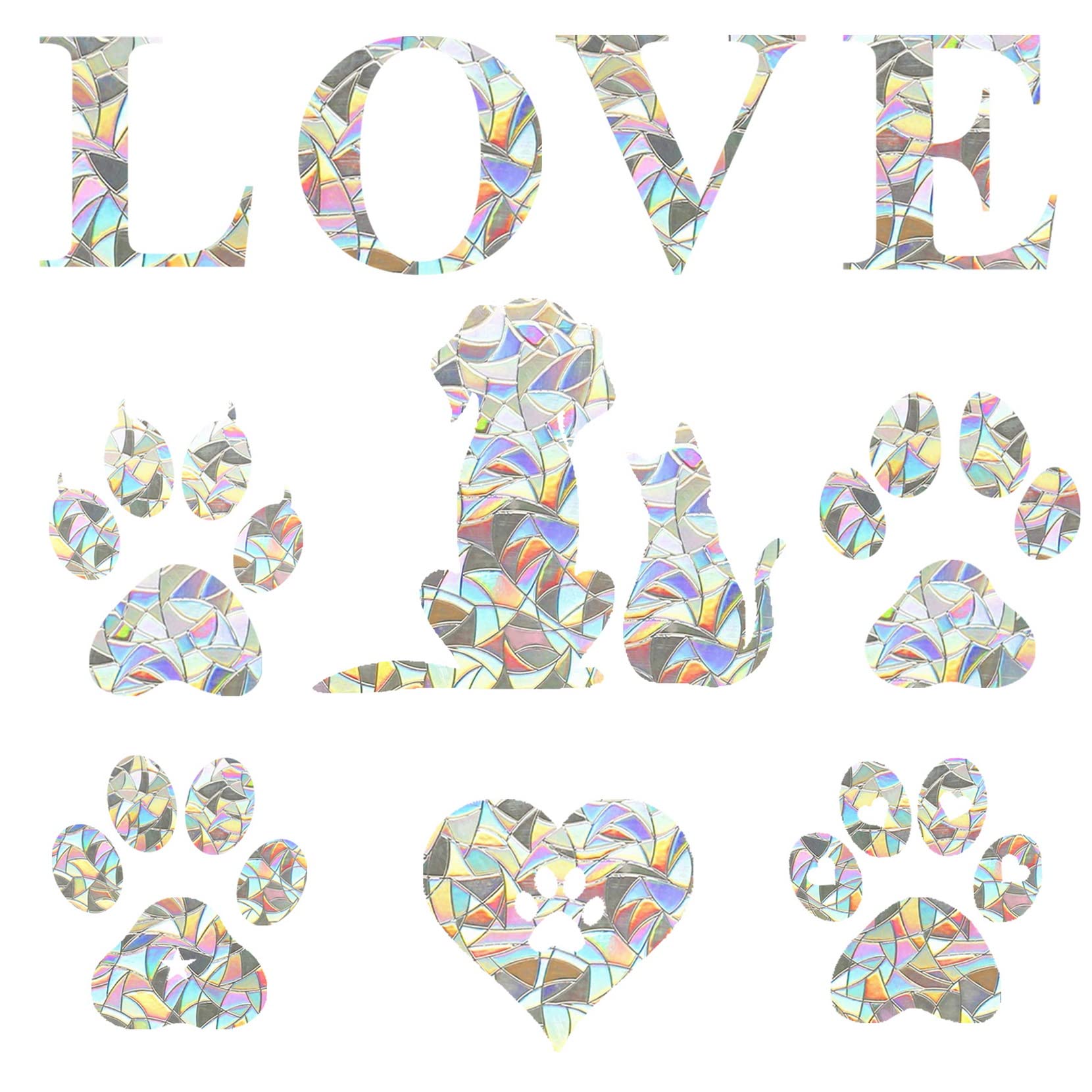 AREAWA Rainbow Sticker Decals (12 pcs) - Non-Adhesive Prismatic Window Clings, Bird Strike Deterrent, Anti-Collision Decals for Glass Doors, Cat & Dog Themed