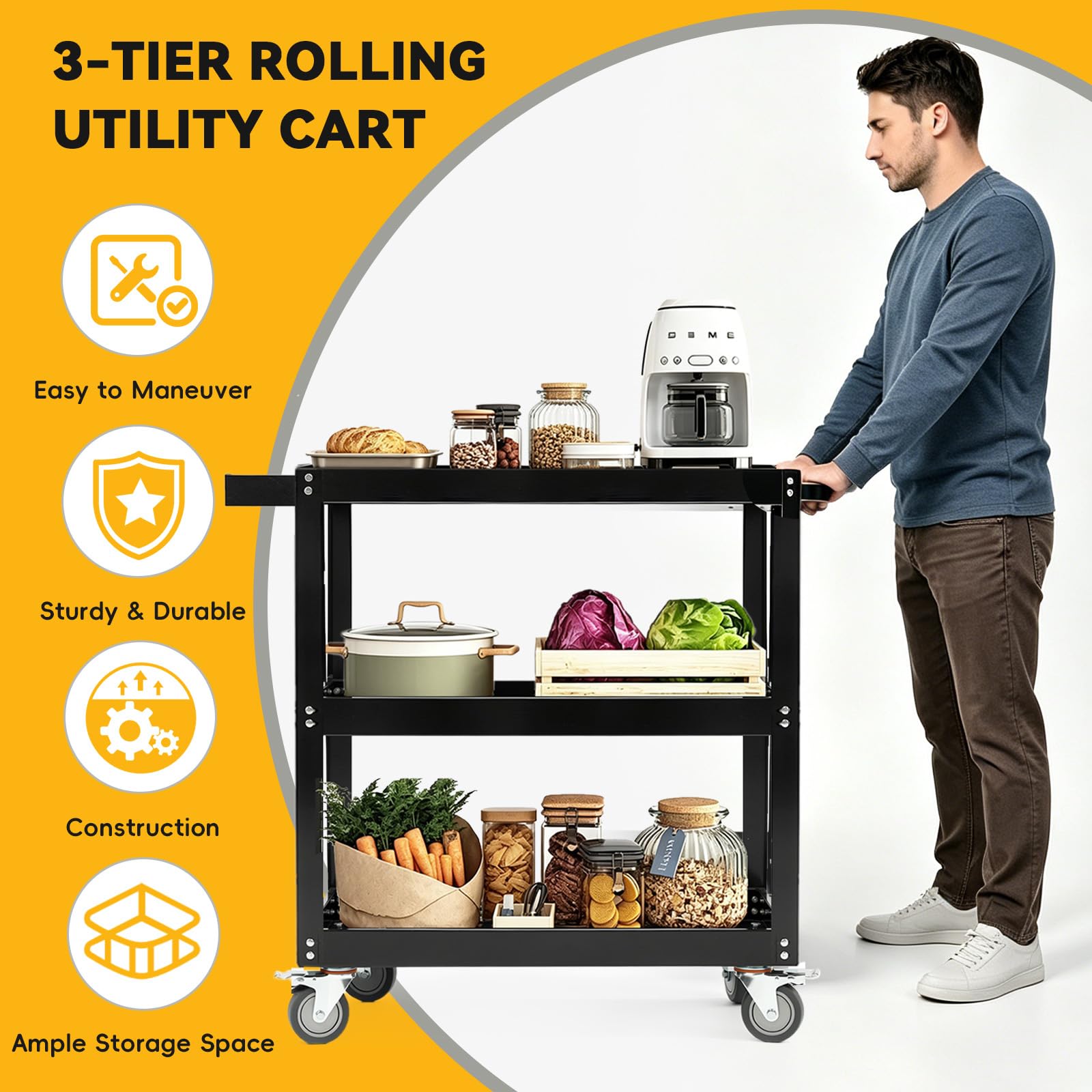 Carrello portautensili a 3 livelli extra-large per carichi pesanti, 217,7 kg, con ruote girevoli (77,5 x 48,5 x 88 cm), telaio in acciaio ispessito, carrello di servizio industriale per magazzini
