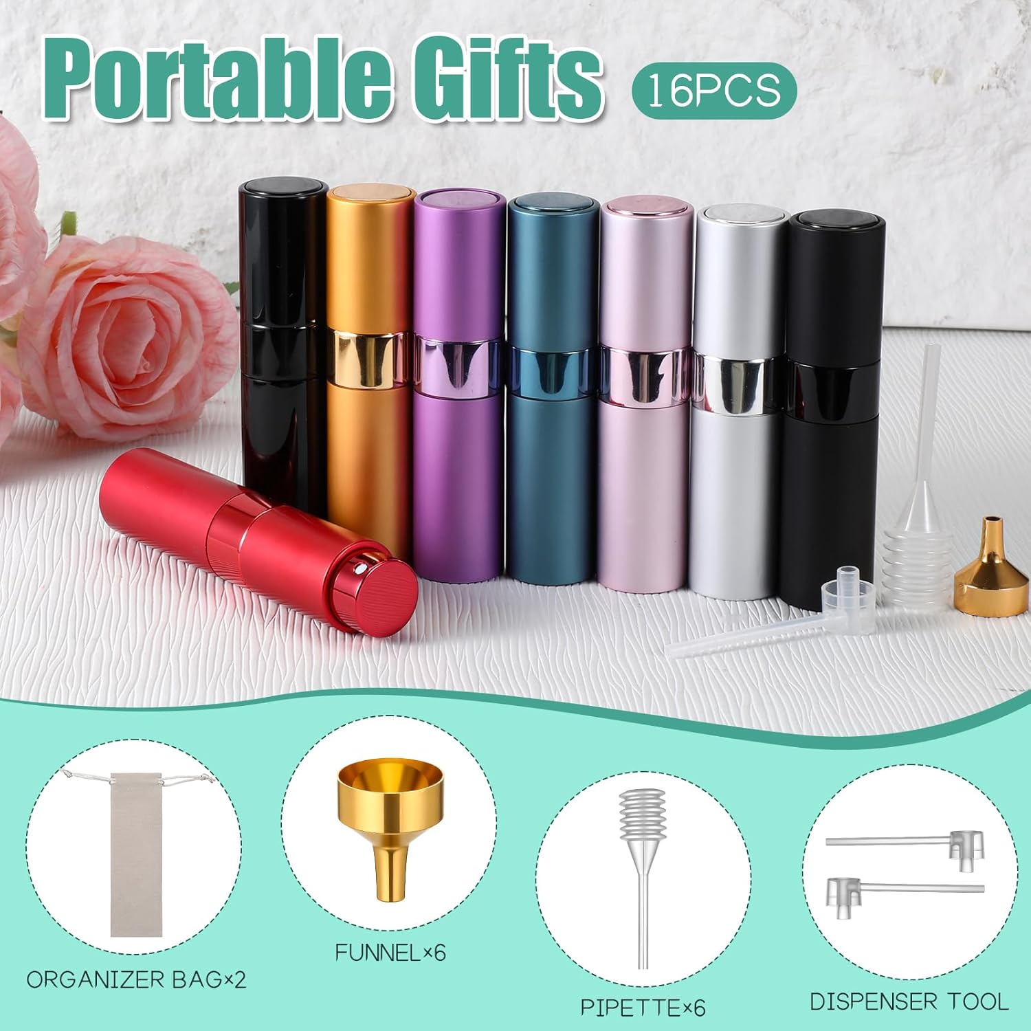 16 Pack 8ML Travel Refillable Perfume Atomizer, Mini Refillable Perfume Bottle Empty Cologne Sprayer Bottle Portable Spray Bottles with Velvet Bag for Travel(Multicolor)