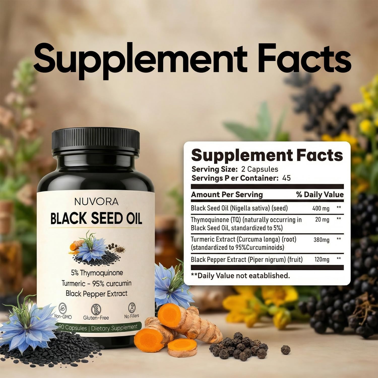 Nuvora Ethiopian Black Seed Oil - 5% Thymoquinone, Turmeric & Black Pepper, Cold Pressed, 90 Capsules