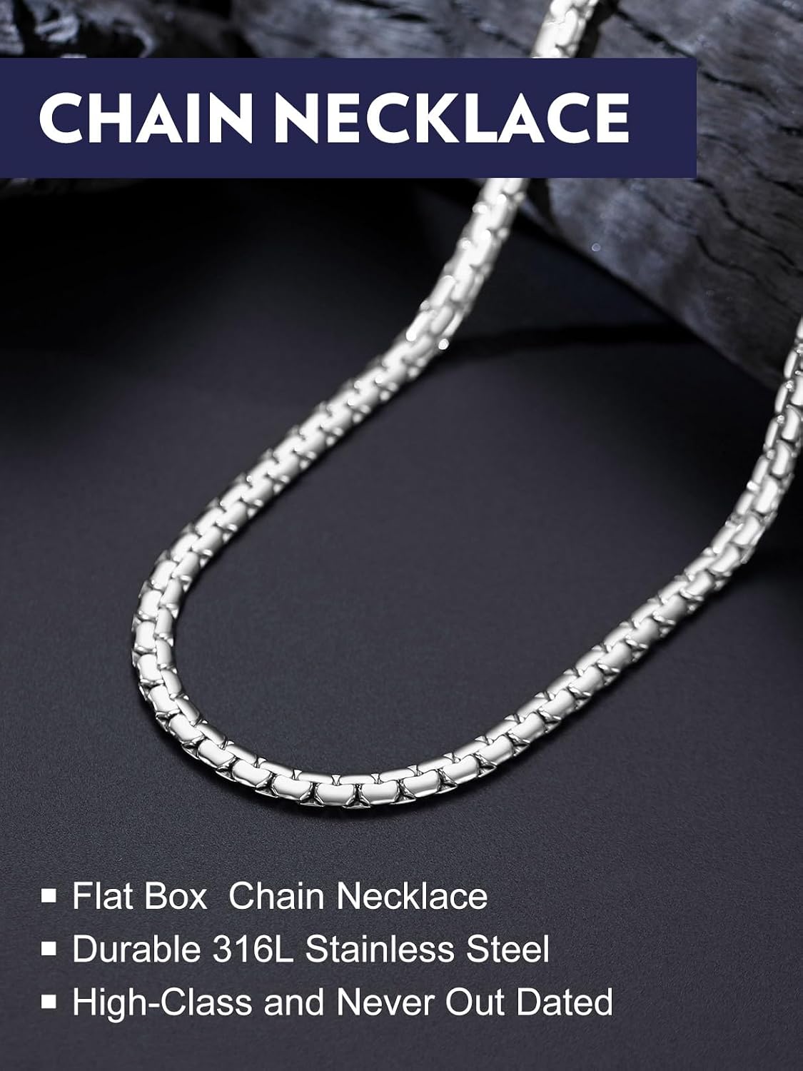 Bandmax Solid Stainless Steel Flat Box Link Chains 2MM/4MM/6MM/8MM Silver/Gold/Black Rolo Cable Chain Necklaces for Men Women 14"-30" Length, Gift Packed