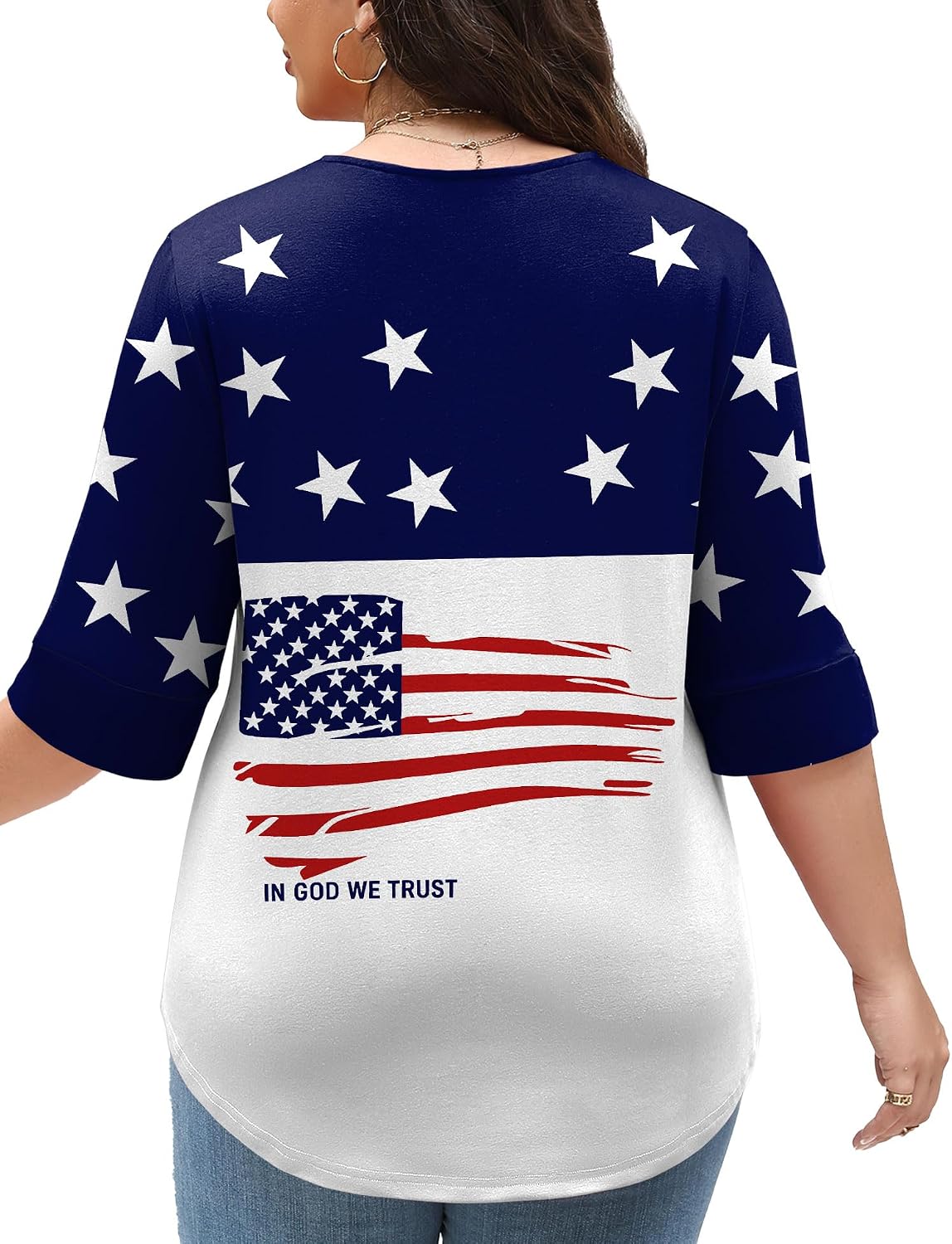 TFSDOD Plus Size Tops for Women V Neck T Shirt 3/4 Length Sleeve Blouse Dressy Casual Tee Loose Fit XL-5X