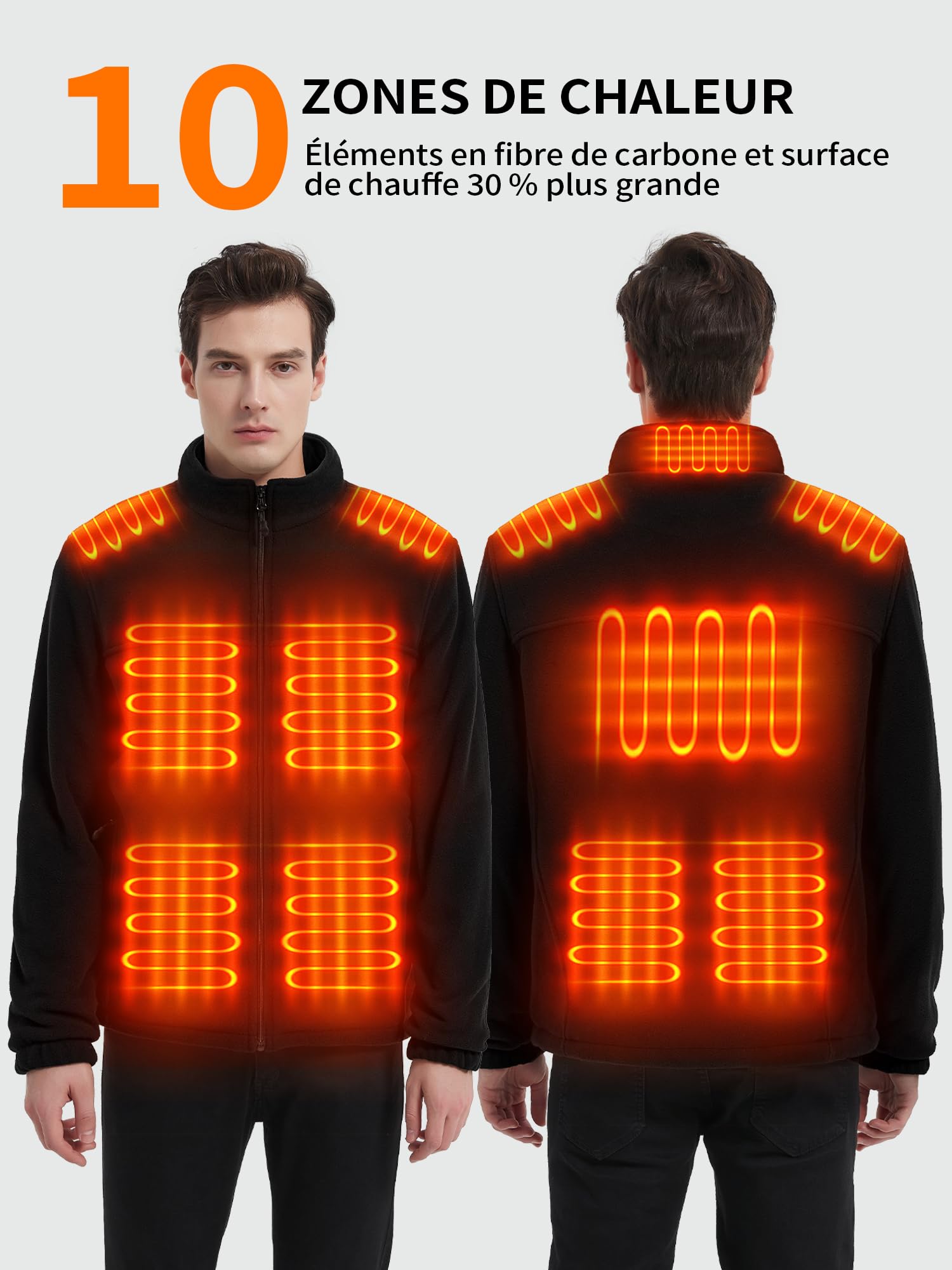 Veste Polaire Chauffante Homme avec Batterie 18400 mAh, Blouson Manteau Chauffant Homme Femme avec Batterie Incluse, Gilet Vêtement Chauffant Manche Longue, 10 Zones de Chauffage