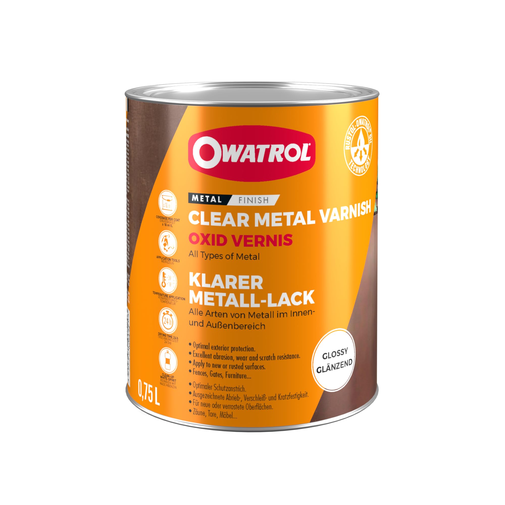 OWATROL® Oxid Vernis - Single Component Clear Coat - Colourless - For Indoor and Outdoor Use - Paint for Iron and Nonferrous Metals - Weatherproof - High UV Resistance (0.75 Litre, Glossy)