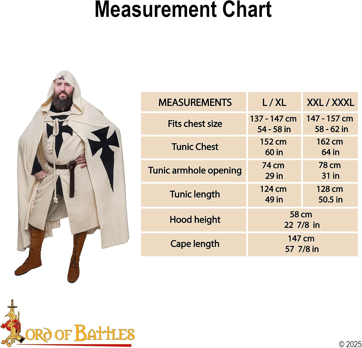Lord of Battles Medieval Tunic with Cape Templar Knight Surcoat Halloween Costume Hooded Cape Cloak Cosplay Costume