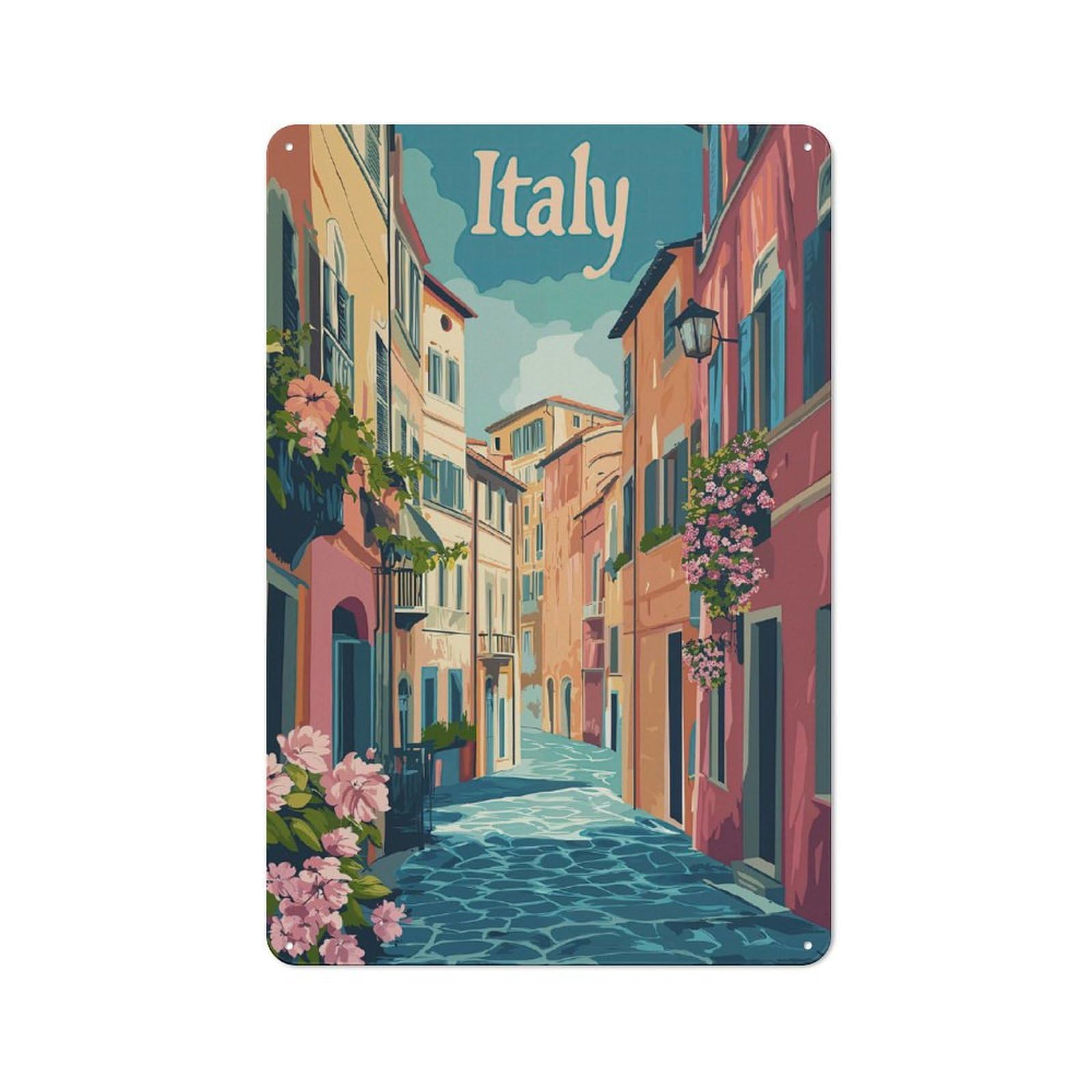 Junmoney Italy Street Scene Printed Metal Sign, Easy To Hang Plaque For Home Bar, Pub Room Or Kitchen Wall, 30X20cm