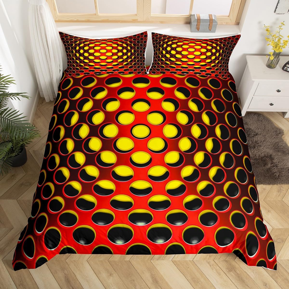 Erosebridal Geometric Queen Comforter Cover for Teen Boys Red and Yellow Bedding Set Abstract Honeycomb Duvet Cover 3D Neon Fashion Bedspread Cover 2 Pillow Cases Modern Room Decor