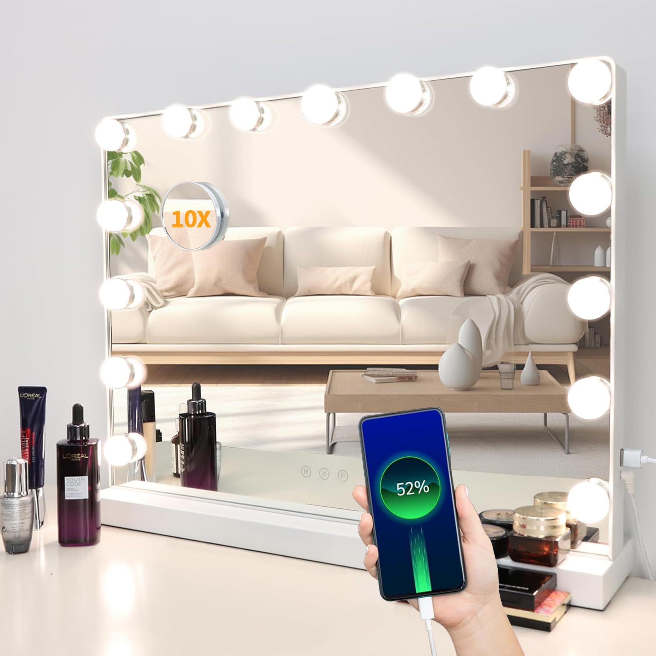 Meidom Hollywood Mirror with 15 Dimmable LED, USB Charging, Sensitive Touch Screen and 3 Colour Modes, 58 × 46CM, Detachable 10X Magnifier, Tabletop Vanity Mirror with Lights, White