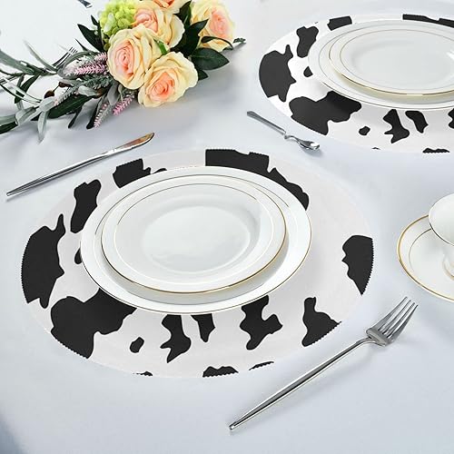 Miniatura 4 de ATTX Round Placemats for Dining Table, Circle Placemats, Place Mats for Kitchen Table Set for 6, Animal Cow Print