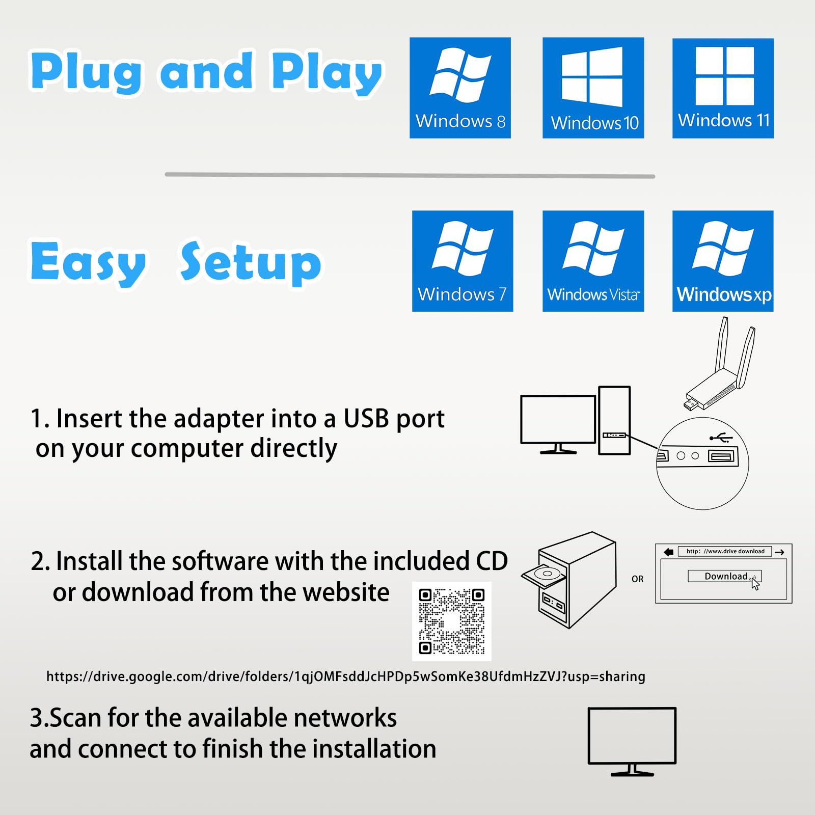 Chiavetta WiFi USB 1300Mbps Dual Band 5GHz 2.4GHz 5dbi Alto Guadagno 2 Antenne USB 3.0 per PC Windows 11 10 8 7 Vista XP