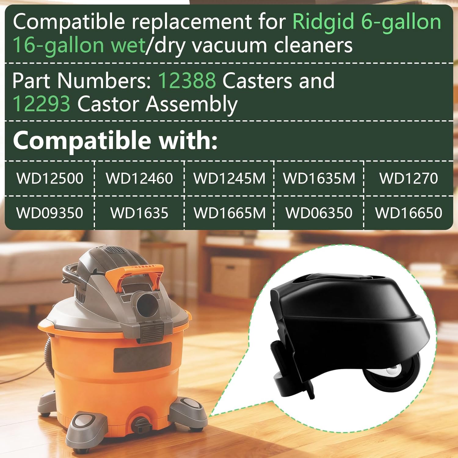 12388 Foot Caster & 12293 Caster Wheel Kit Compatible with Ridgid 6 & 16 Gal Wet/Dry Vacuum, Vacuum Casters Wheel Plate-Casters (1Pack)