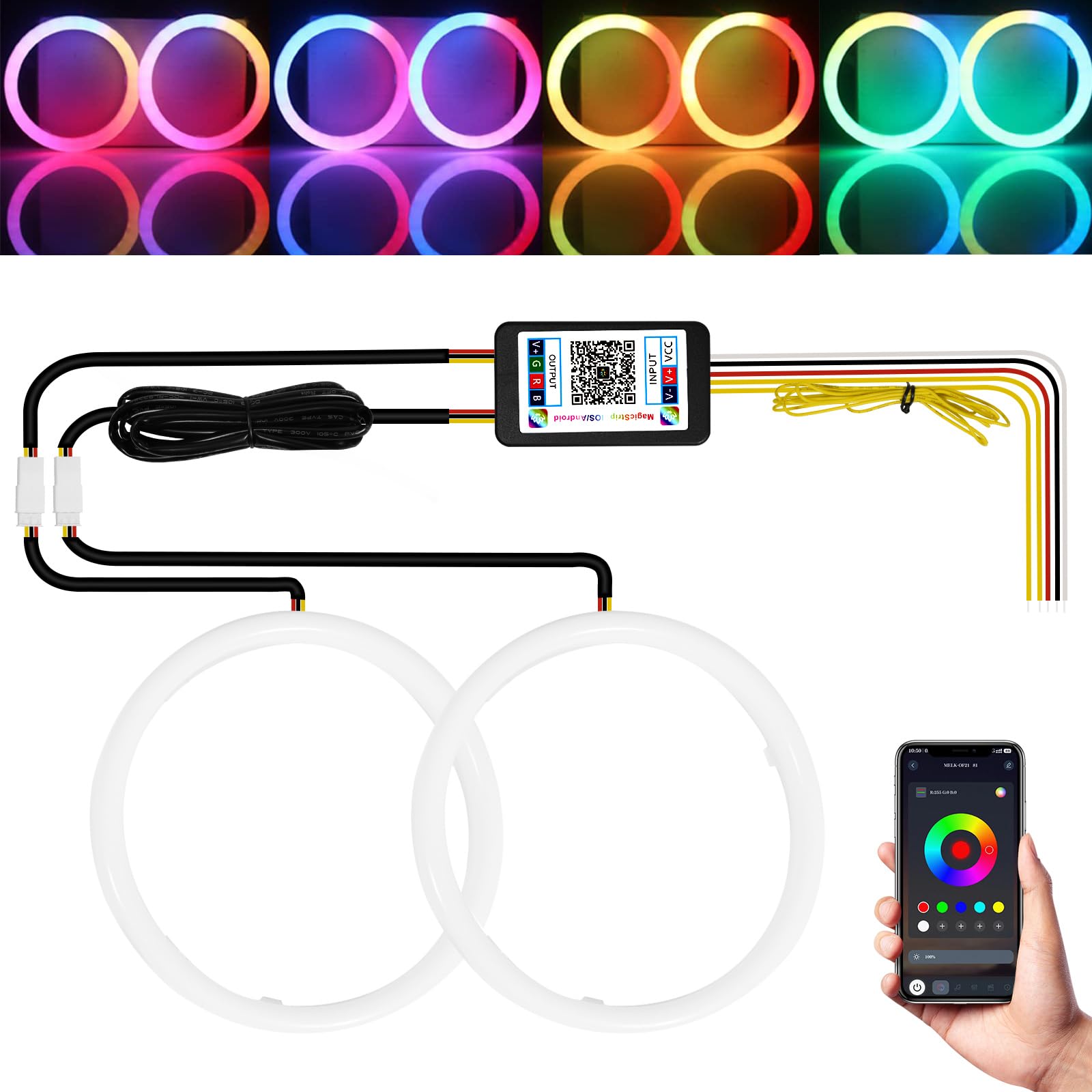 Qasim Angel Eyes Halo Rings Cotton Lights 12V 90MM RGB LED Universal for Car Scooter Motorcycle DRL Turn Signal Light APP Bluetooth Control Multi-Color 2-Pack