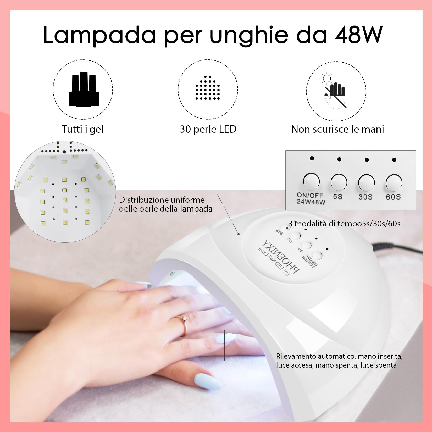 Phoenixy Kit Semipermanente Unghie 29Pcs Completo con Lampada UV LED 48W Top Coat Lucido Opaco Argento Oro