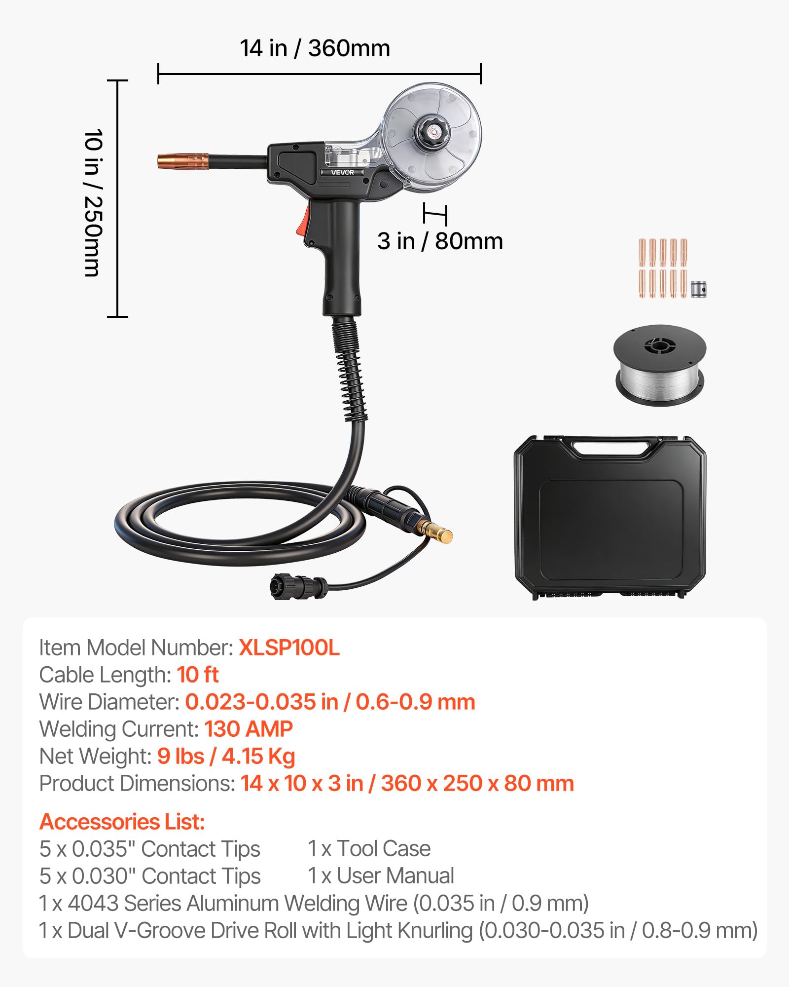 VEVOR Pistola de Carrete MIG 130A con Cable 3 m Compatible con Lincoln Magnum 100SG K2532-1 para Easy MIG 140 180 con Rodillo y Puntas de 0,8-0,9 mm, Alambre Aluminio para Reparación Taller Automotriz