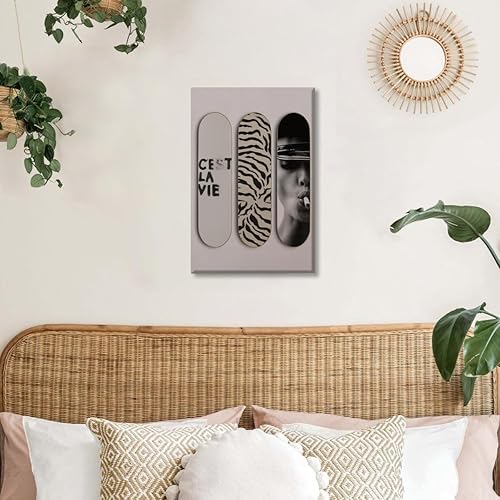 Miniatura 4 de Arte de pared de cebra de moda, diseño de monopatín C'est La Vie con afirmaciones positivas, póster estético retro de lujo, impresión en lienzo para