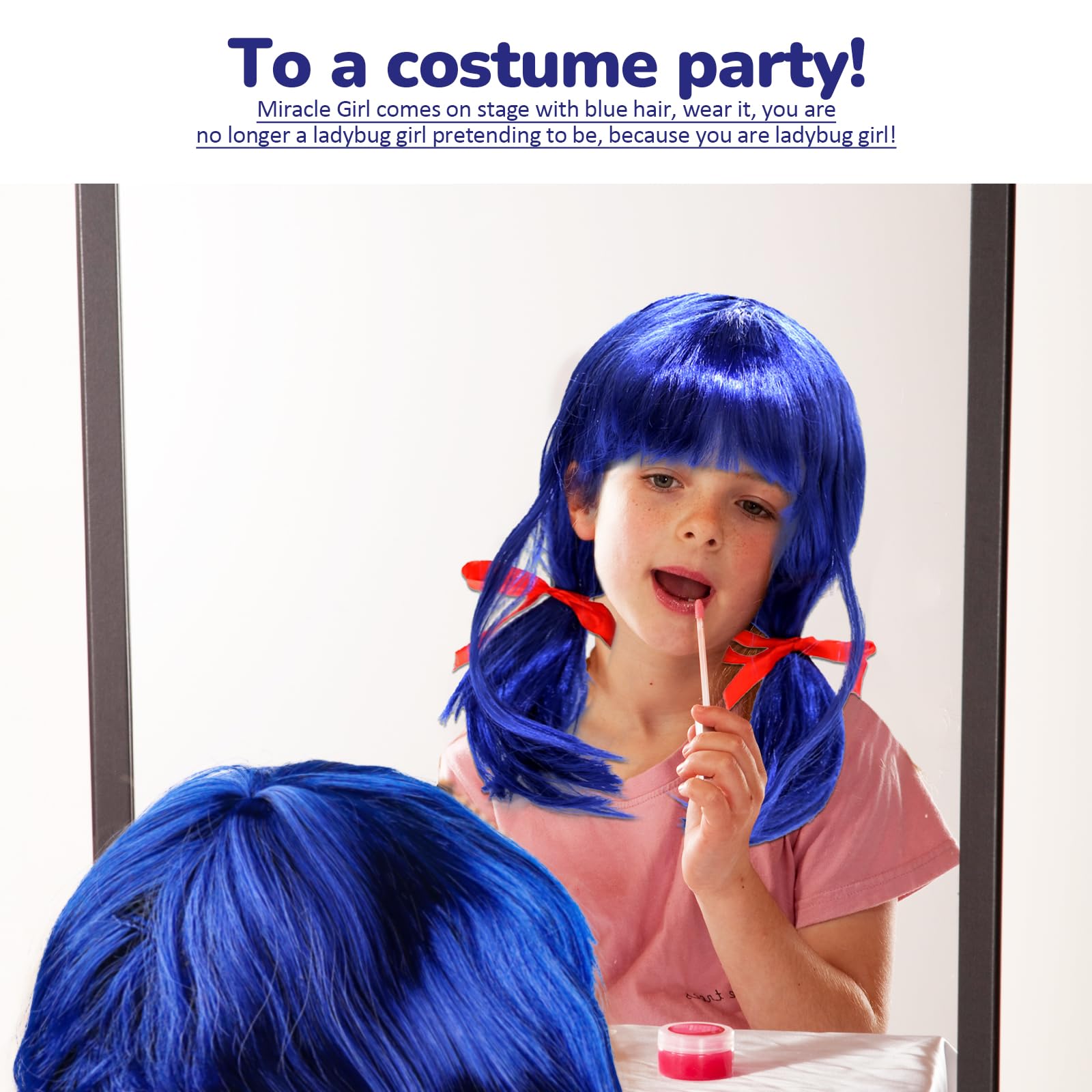 Perruque Ladybug Enfants, Courte Cosplay Bleue, Ladybird Filles avec Rubans Rouges, Perruque en Fibre Synthétique, Costume Carnaval Mascarade