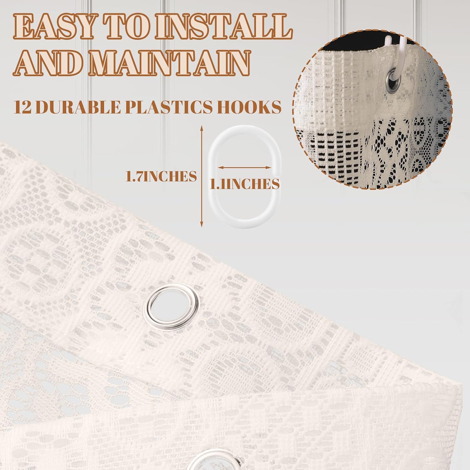 Lace Shower Curtain Boho Chic Crochet Beige Shower Curtain with 12 Hooks for Bathroom Vintage Modern Bohemian French Country Bathroom Decor, 72 x 72 Inches