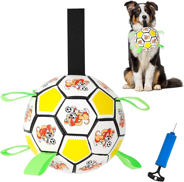 Dog Football Toys Dog Balls with Straps Interactive Dog Toys for Tug Games Dog Water Toy Dog Balls for Small & Medium Dogs (Yellow)