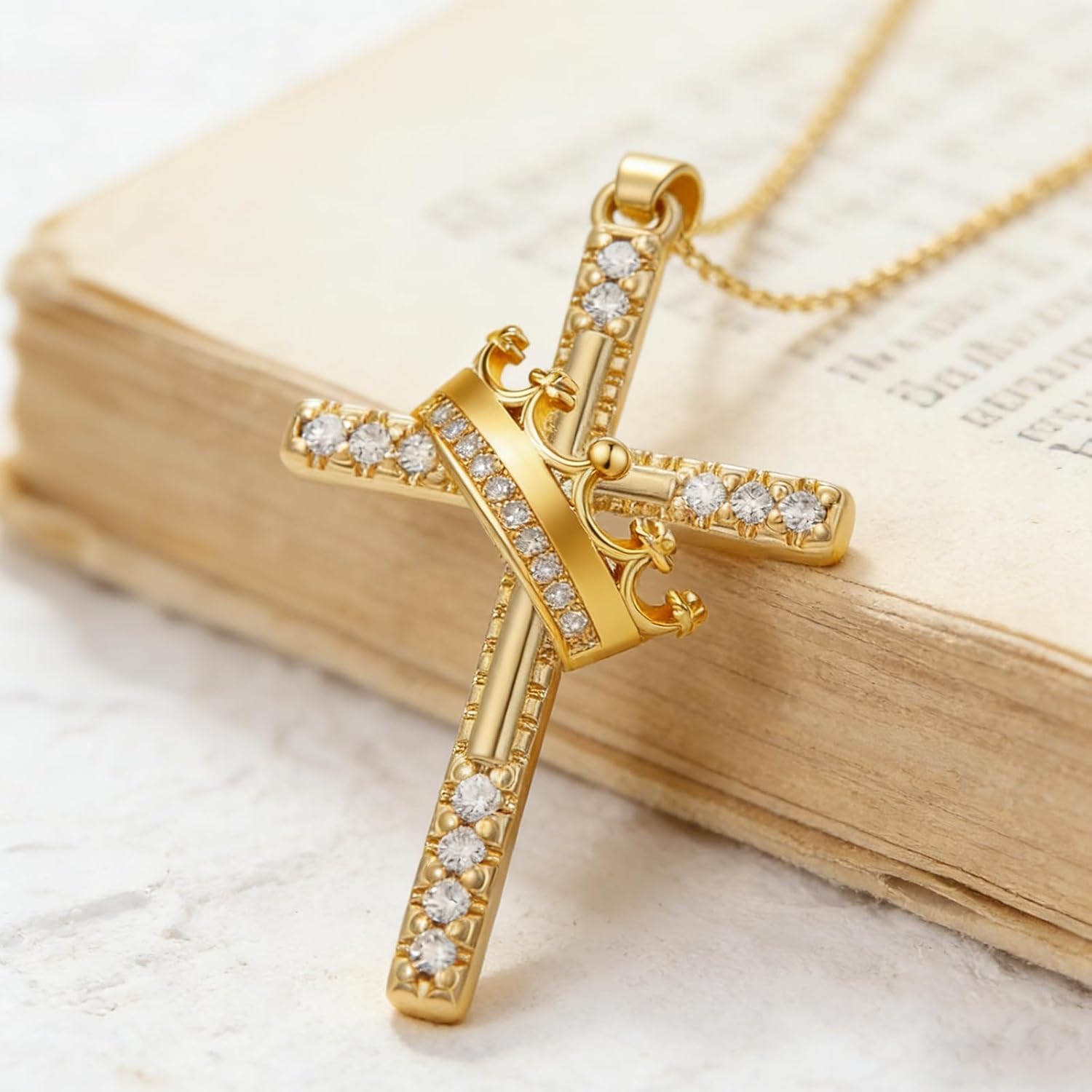 18K Yellow Gold Cross Crown Necklace Religous Crown Cross Necklace Christian Jewelry Gifts for Women Mom Her