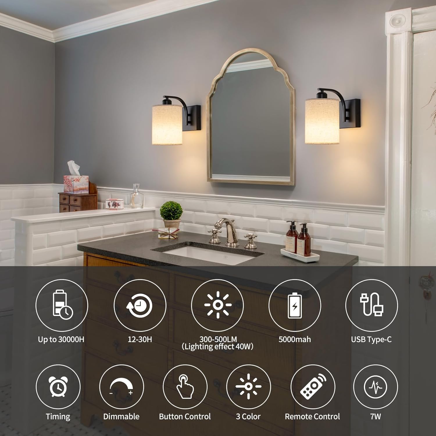 Black Rechargeable Battery Operated Wall Sconces Set of 2 with Remote, Wireless Dimmable Battery Powered LED Wall Lights, Cordless Wall Lighting Lamp Fixture for Bedroom Living Room