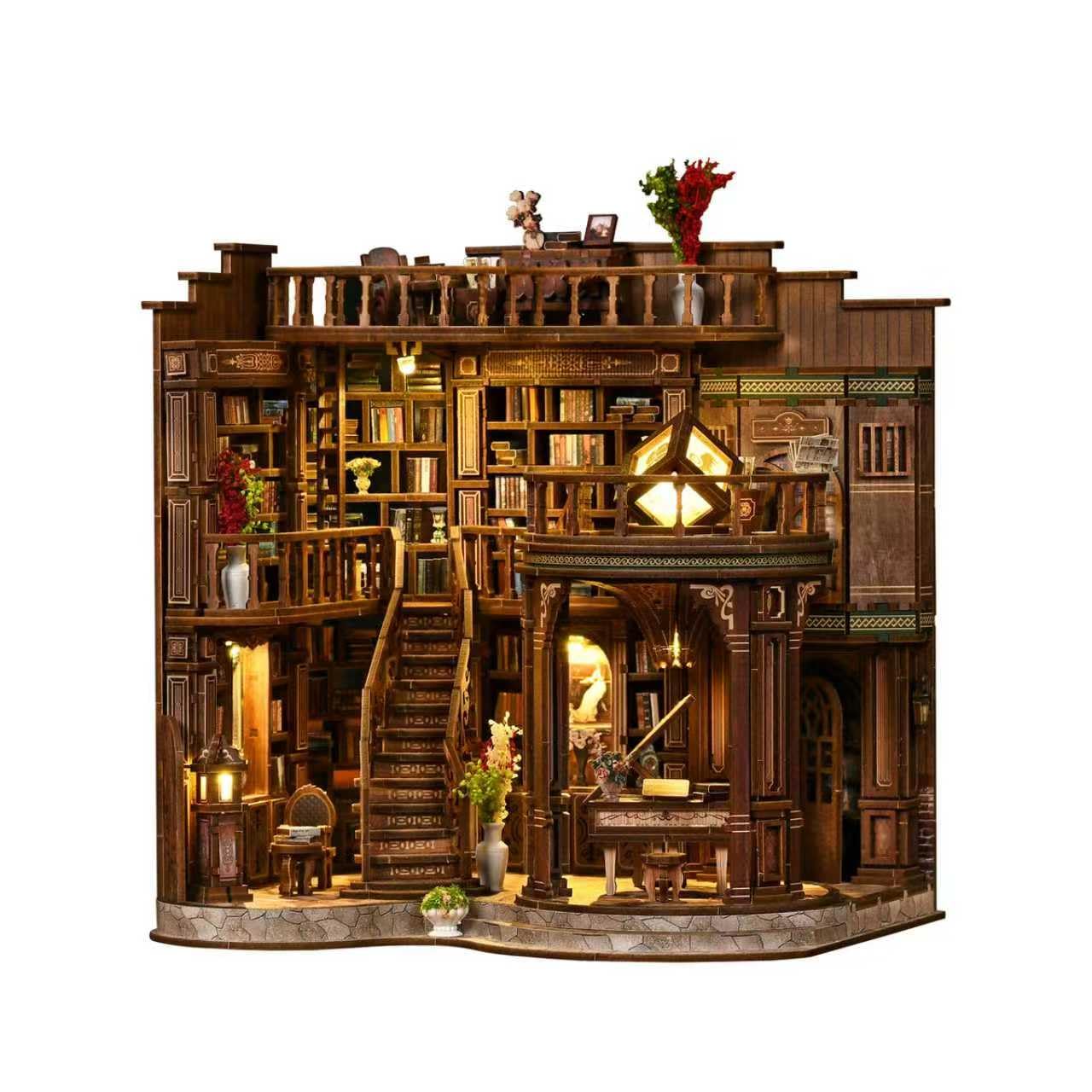 NEXTIPS Book Nook Vintage Library Wooden DIY Kit - 3D Bookshelf Model with LED Lighting, Classic Study Room Decor for Adults