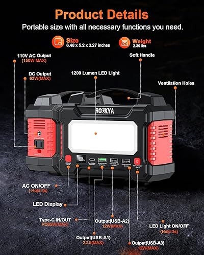 Miniatura 6 de Estación de energía portátil de 166.5 Wh, cargador de computadora portátil de 150 W, generador solar de batería de litio con salida de CA y linterna