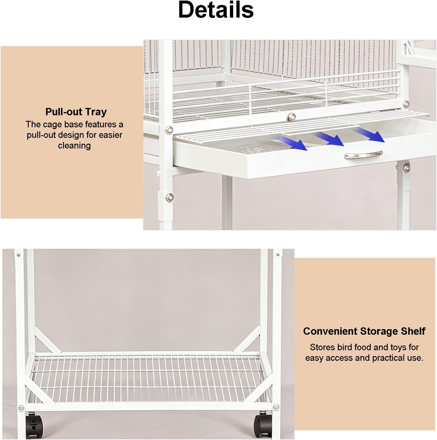 53.5 Inch Iron Bird Cage, Large Bird Aviary with Wheels for Parakeets, White Bird House with Detachable Stand and Pull-Out Tray for Cockatiels, Parrots, Lovebirds, Canaries