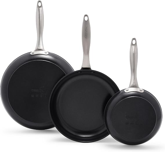 GreenPan Black 3 Piece Frying Pan Skillet Set, 8, 10, and 12, Healthy Ceramic Nonstick PFOA and PFAS-Free, Hard Anodized, Stainless Steel Handles, Oven Safe
