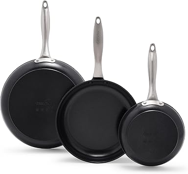 GreenPan Black 3 Piece Frying Pan Skillet Set, 8, 10, and 12, Healthy Ceramic Nonstick PFOA and PFAS-Free, Hard Anodized, Stainless Steel Handles, Oven Safe
