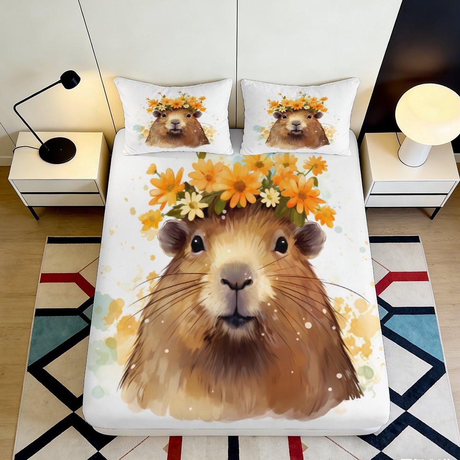 3D Printed Floral Capybara Fitted Sheet Microfiber Deep Pocket Non-Slip Bedroom Bedding Capybara Mattress Fitted Cover All Wrap Washable 160x200x25cm