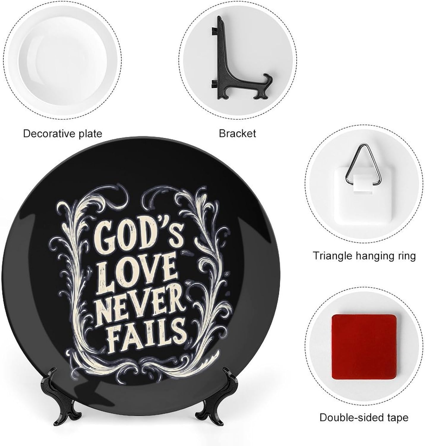 God's Love Never Fails Decorative Plates for Display Ceramic Plate Tray with Stand Hanger Home Decor