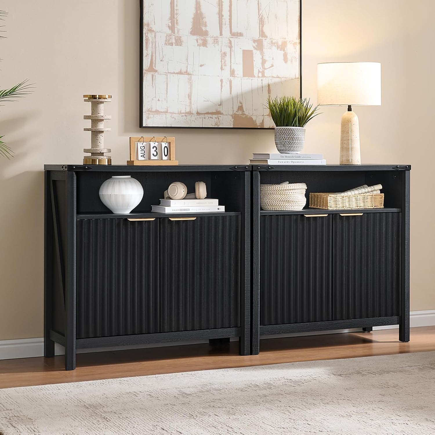 BuildHom 32 Inch Sideboard Buffet Cabinet with 2 Doors, Fluted Coffee Bar with Adjustable Shelf, Modern Accent Storage Cabinet for Kitchen, Entryway, Living Room Black Oak