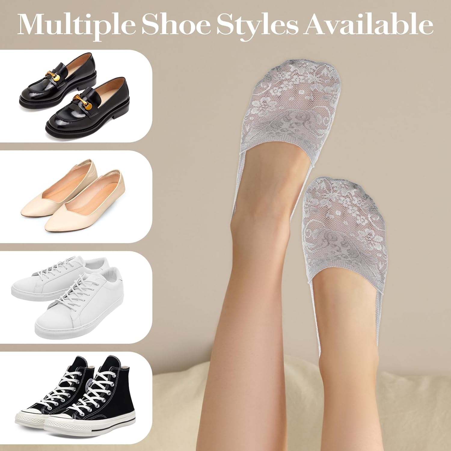 6 Pairs Women No Show Lace Boat Socks, Cotton Invisible Non-slip Ankle Sock Multicolor Ultra Low Cut Liner - Image 6