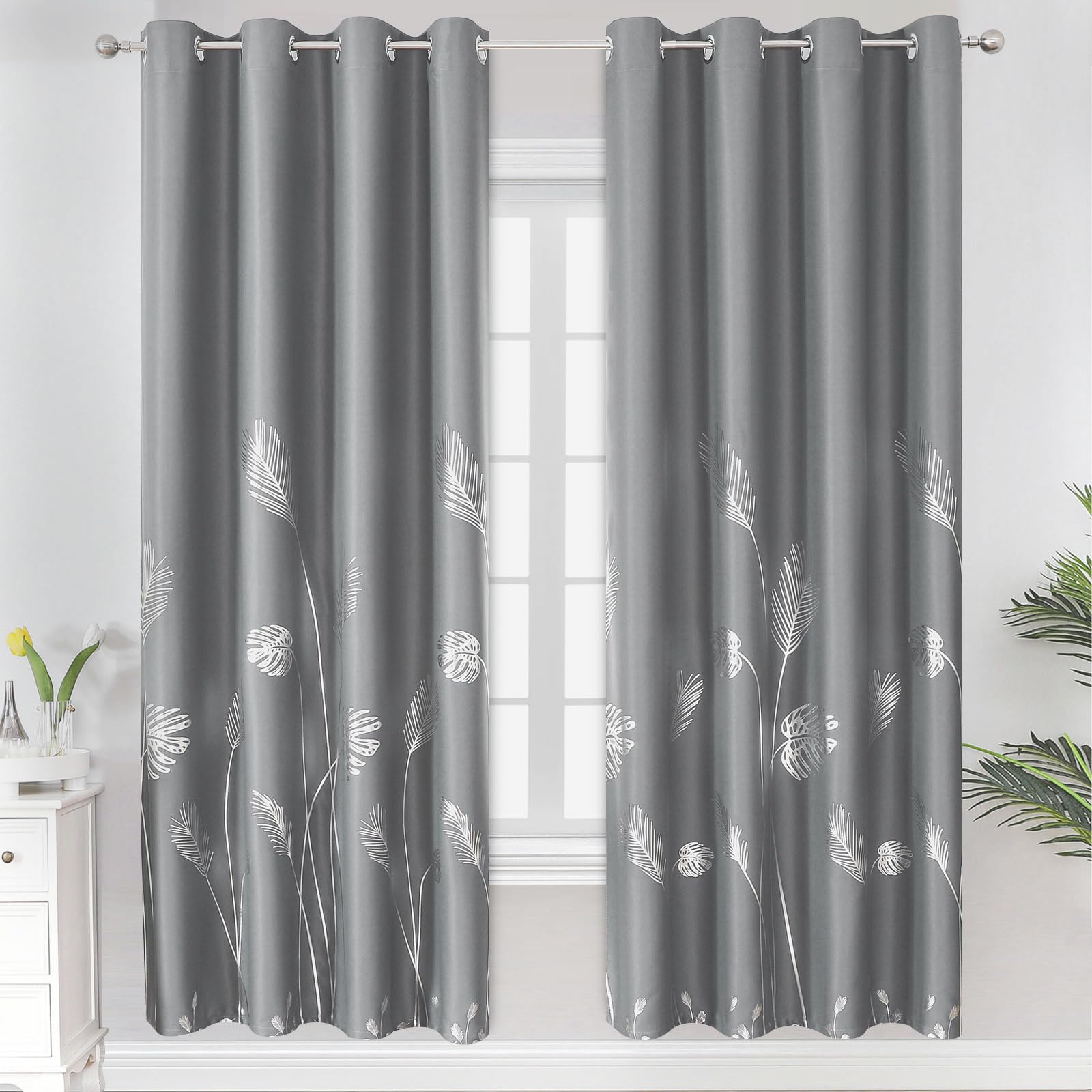 Estelar Textiler Gold and Grey Blackout Curtains with Palm Tree Pattern Light Blocking Noise Reducing Window Curtain Drapes for Bedroom and Sliding
