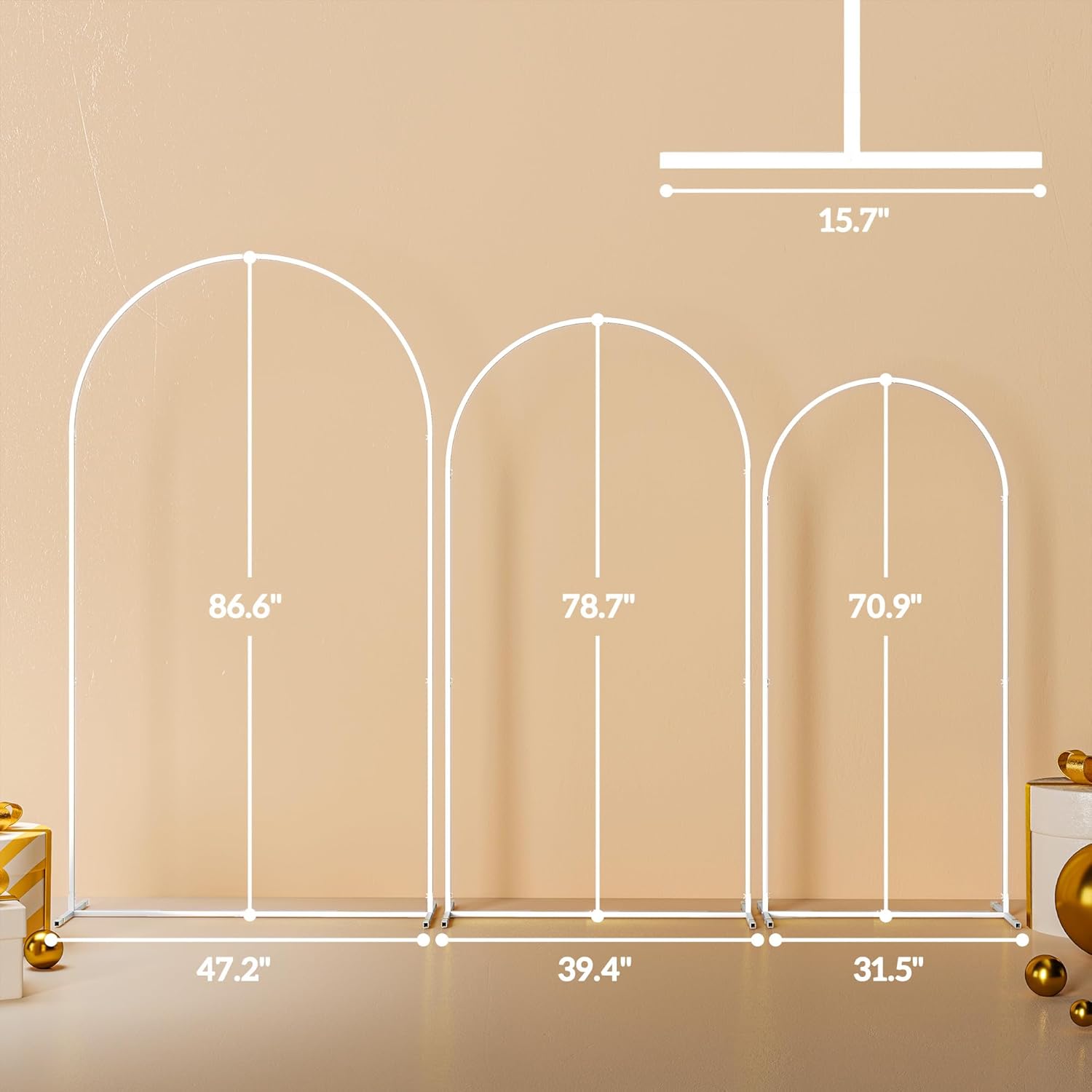 Diagram showing the dimensions of the three different sized arch stands.