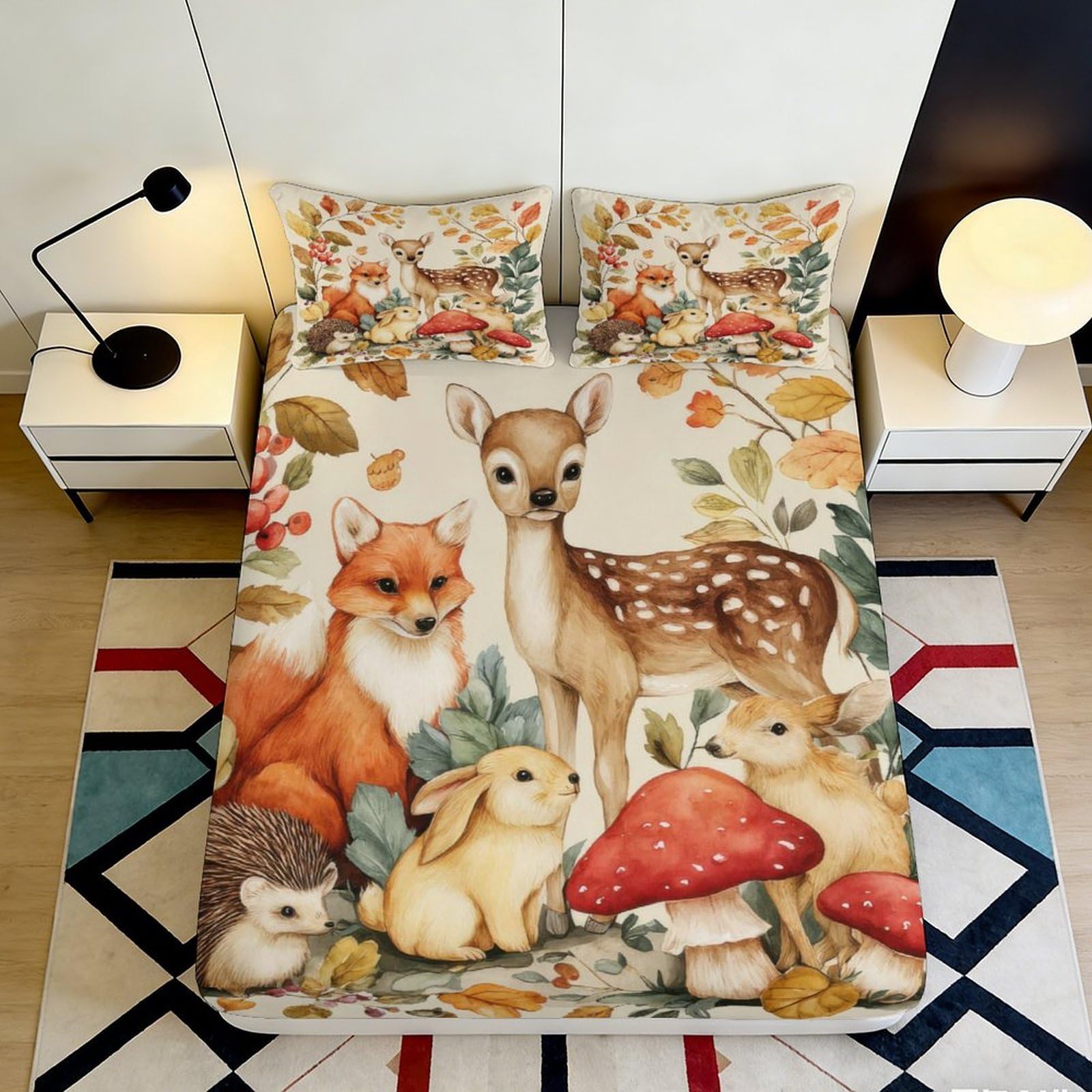 3D Printed Forest Deer Fitted Sheet Microfiber Woodland Fox Mattress Cover Anti-Slip Easy Care for Bedroom Guest Room Decor 90x200x25cm