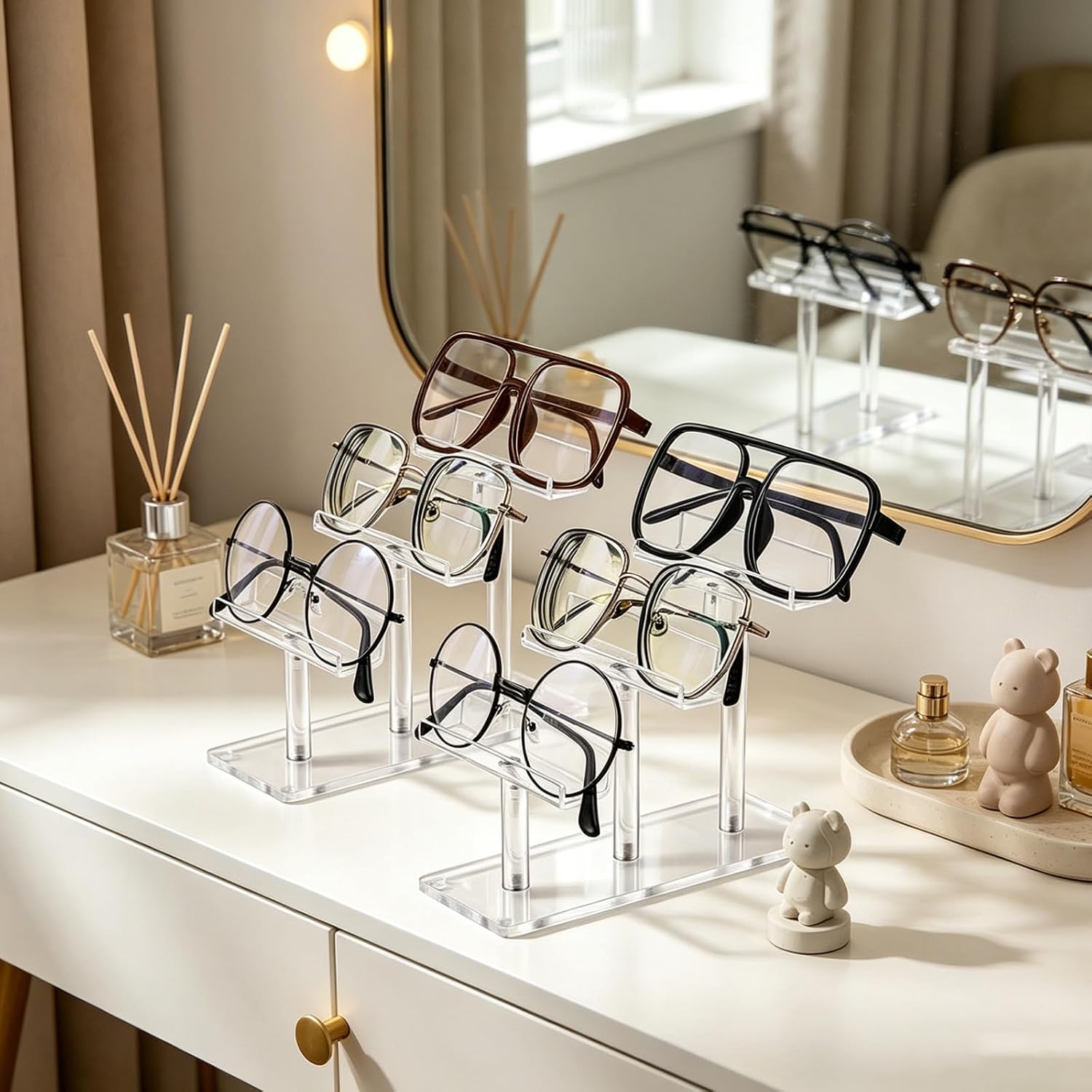 Holibanna Eyeglasses Display Stand for 3 Tier 2pcs and Acrylic with Stable Base Design Space Optimization Sunglasses Organizer Rack , 6.61x6.10x2.52in Home Use and Retail Settings