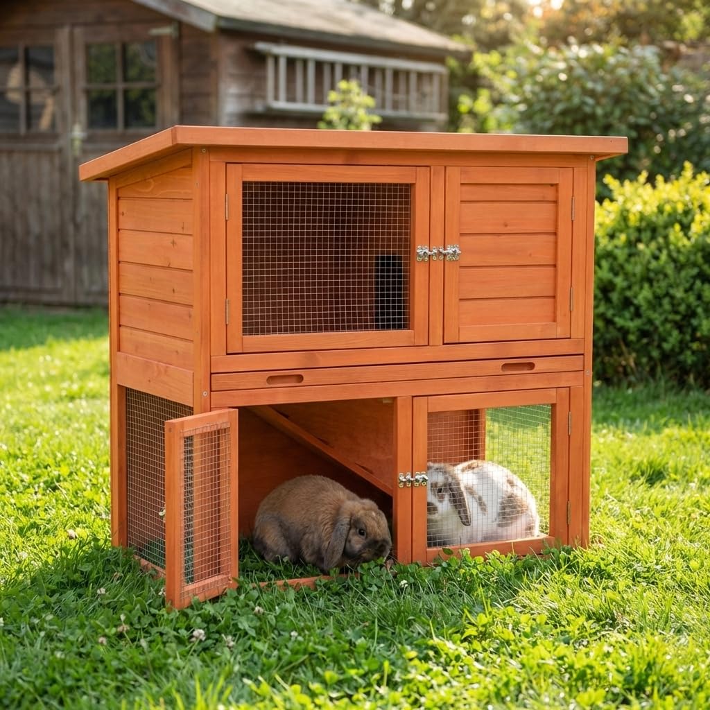 Kaninchenstall Outdoor | 2-stöckiges Pultdach Meerschweinchen-Käfig | Holz Kleintierheim | Mittel - 104 x 52 x 92 cm
