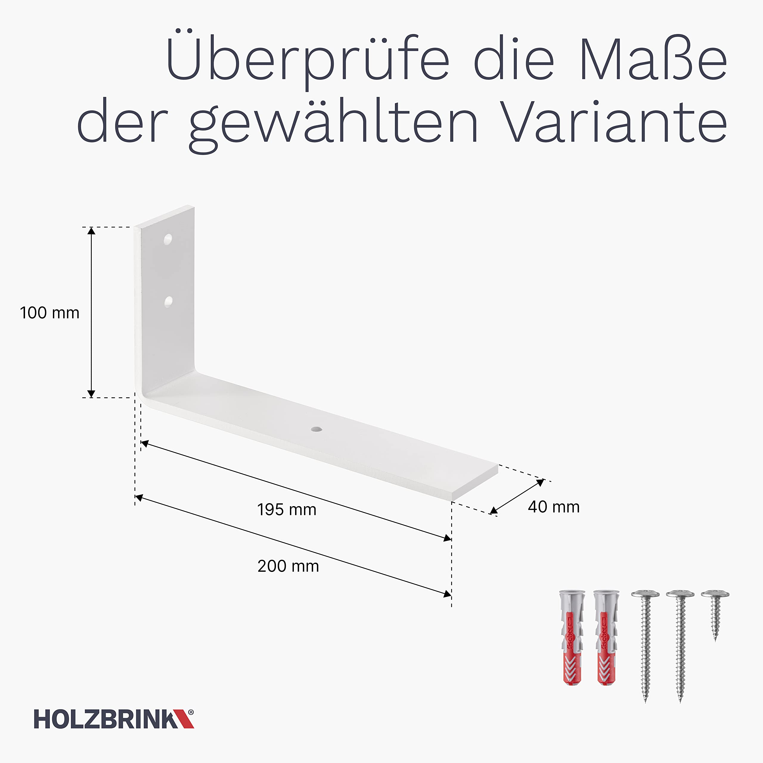 HOLZBRINK Metalowy wspornik półki, wspornik do półek ściennych, półka DIY, wspornik 200x100x40 mm, biały, 4 sztuka, HLR-L-200-9016