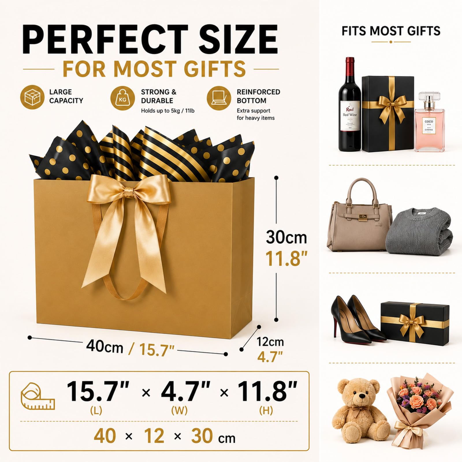 THXIY Sacchetti regalo extra large oro 15,75, 10 pezzi, 40 x 30 x 12,5 cm, set di sacchetti regalo grandi con biglietti di carta velina, 300 g, sacchetti regalo riutilizzabili per compleanno