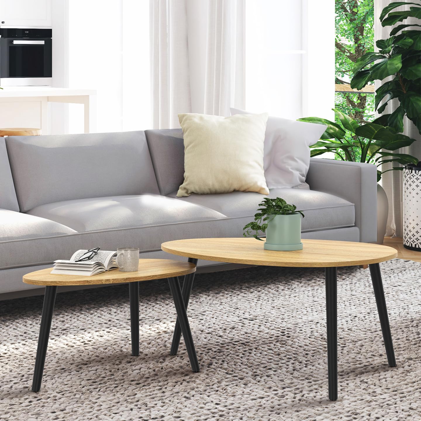 IDMarket - Juego de 2 mesas de café Gaia, madera y patas negras, escandinavas