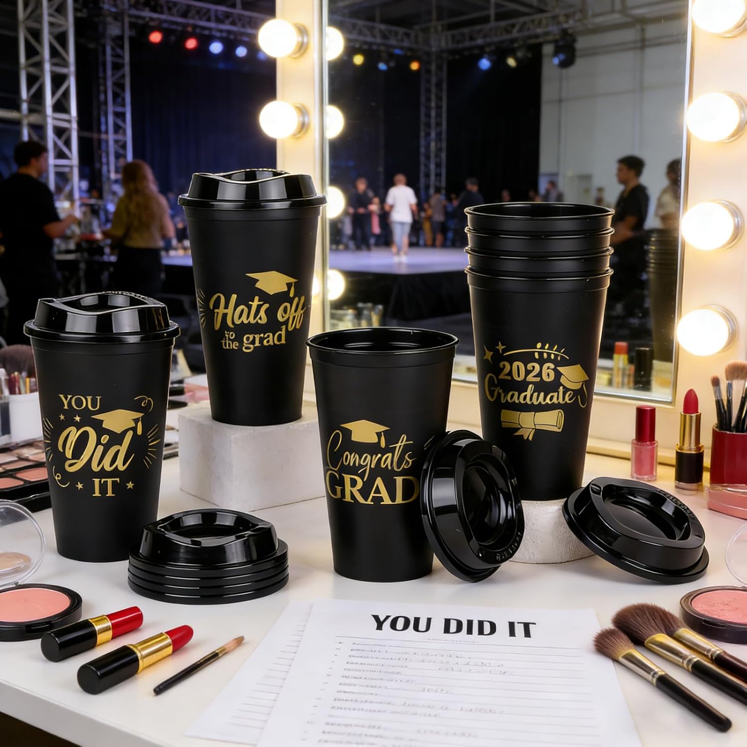 24 Pcs Graduation Reusable Coffee Cups with Lid 16 oz Black 2026 Grad Plastic Cups with 4 Grad Designs, Party Supplies for Class of 2026 Graduation Party, Brunch, and Celebration