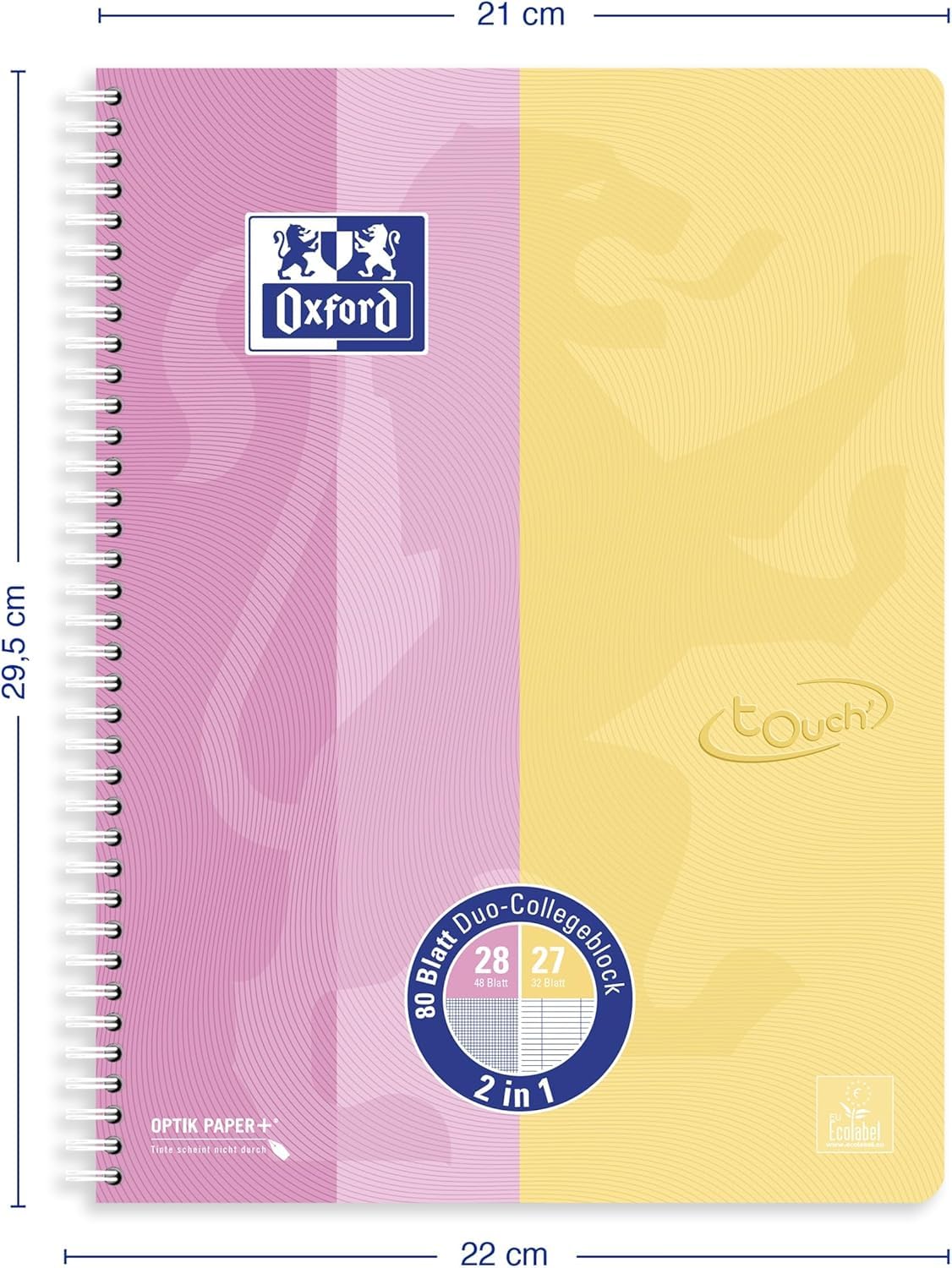 Oxford Collegeblock Duo A4+ kariert und liniert, 80 Blatt (rosa/gelb | TOUCH, 5er Pack)
