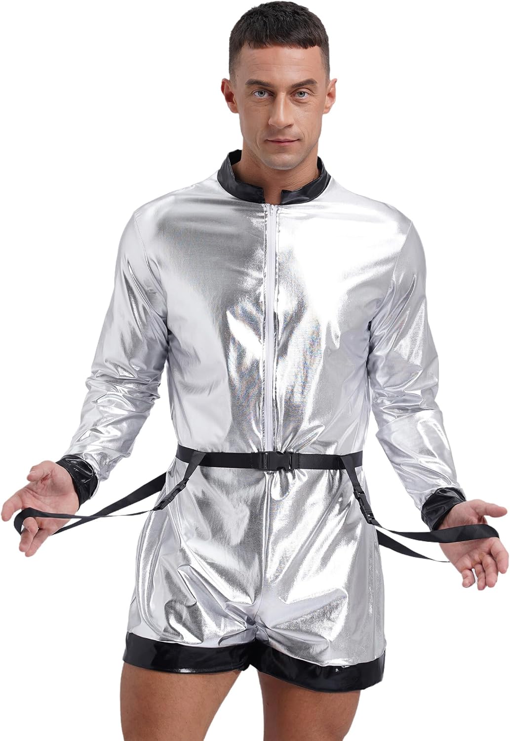 Jugaoge Men Astronaut Space Costume Metallic Shiny Bodysuit Space Suit Halloween Cosplay Costume