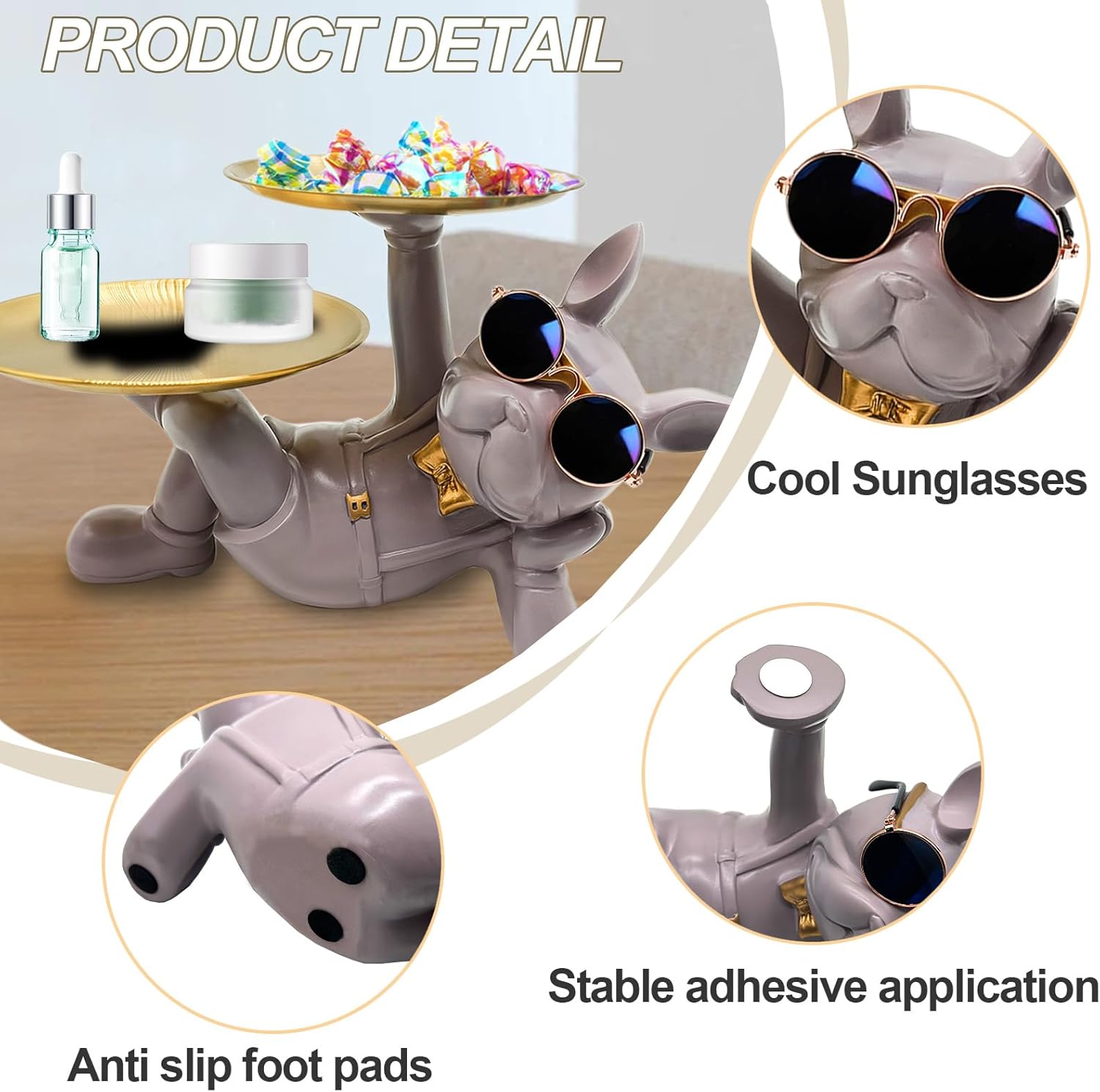 Resin French Bulldog Tray Statue, Lying Bulldog Candy Dish Key Holder Bowl, French Bulldog Accessories, Statues for Office Desk Home Decor Figurines Entryway Table Decor (Purple Grey) - Image 3