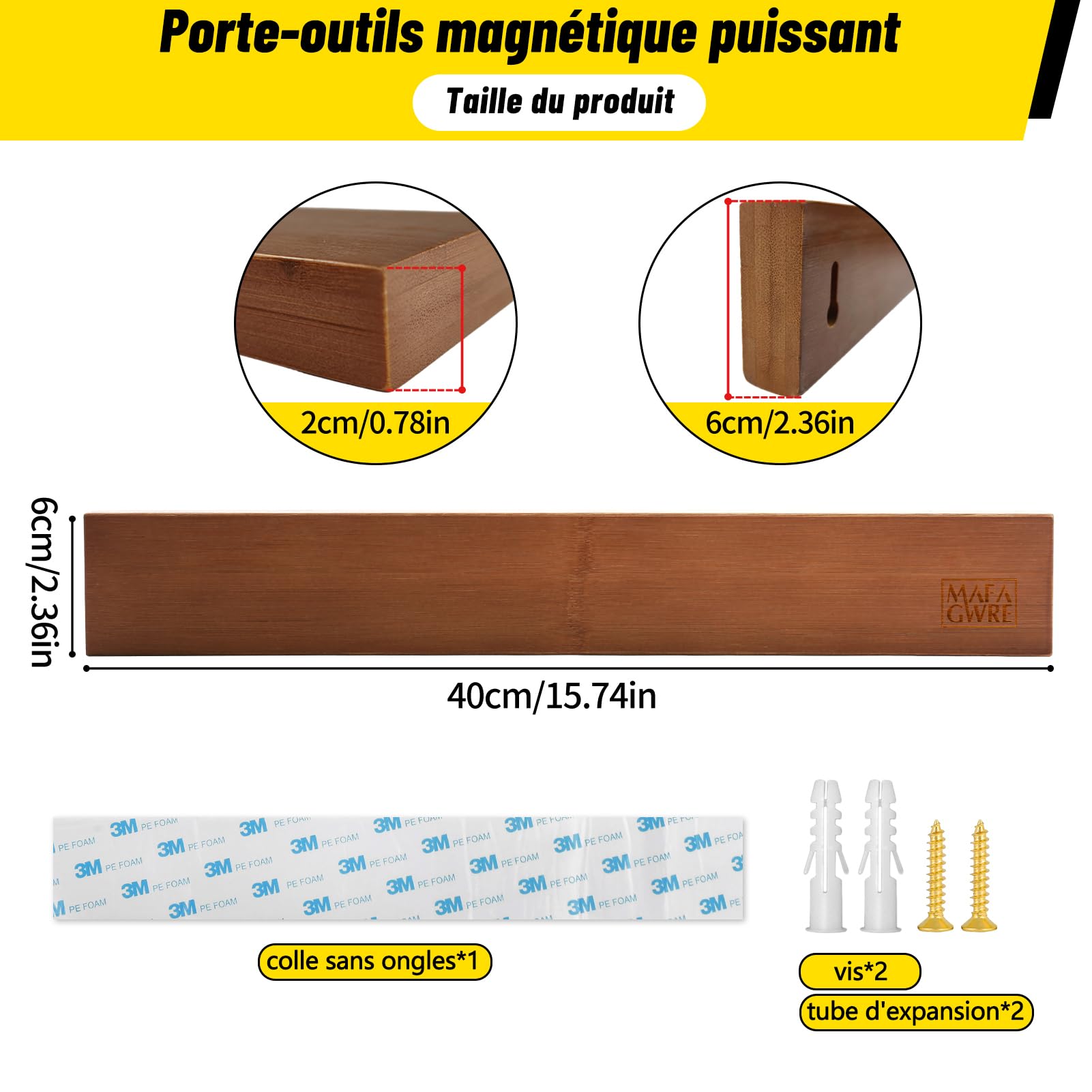 Porte-Couteaux Aimanté Bambou 40cm - Barre Magnétique Murale Pour Cuisine Avec Adhésif