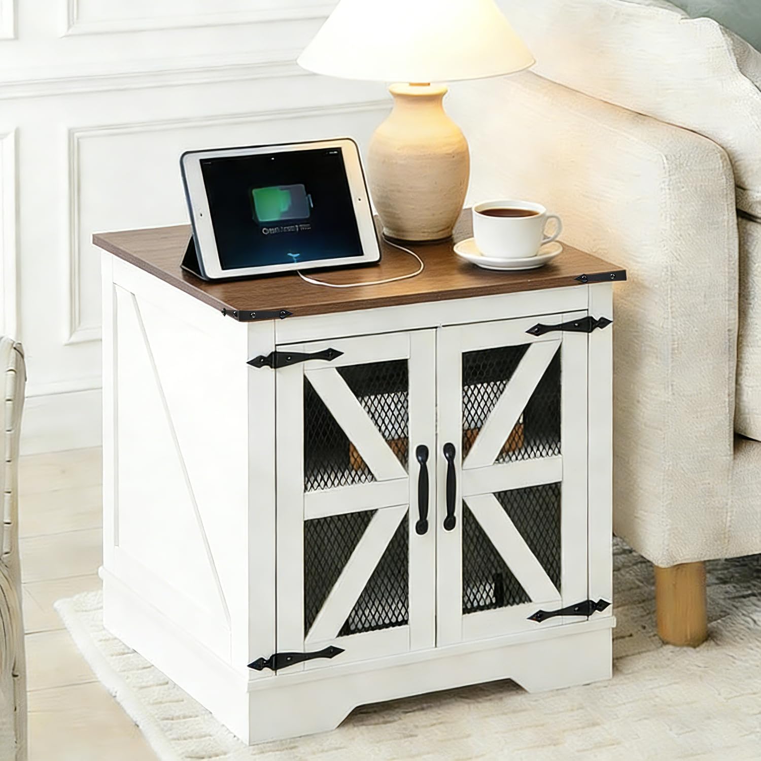 Farmhouse Nightstand with Charging Station, Side Table with Barn Door and Storage, Rustic Wood Bedside Table, End Table for Living Room and Bedroom, White(Brown Top)